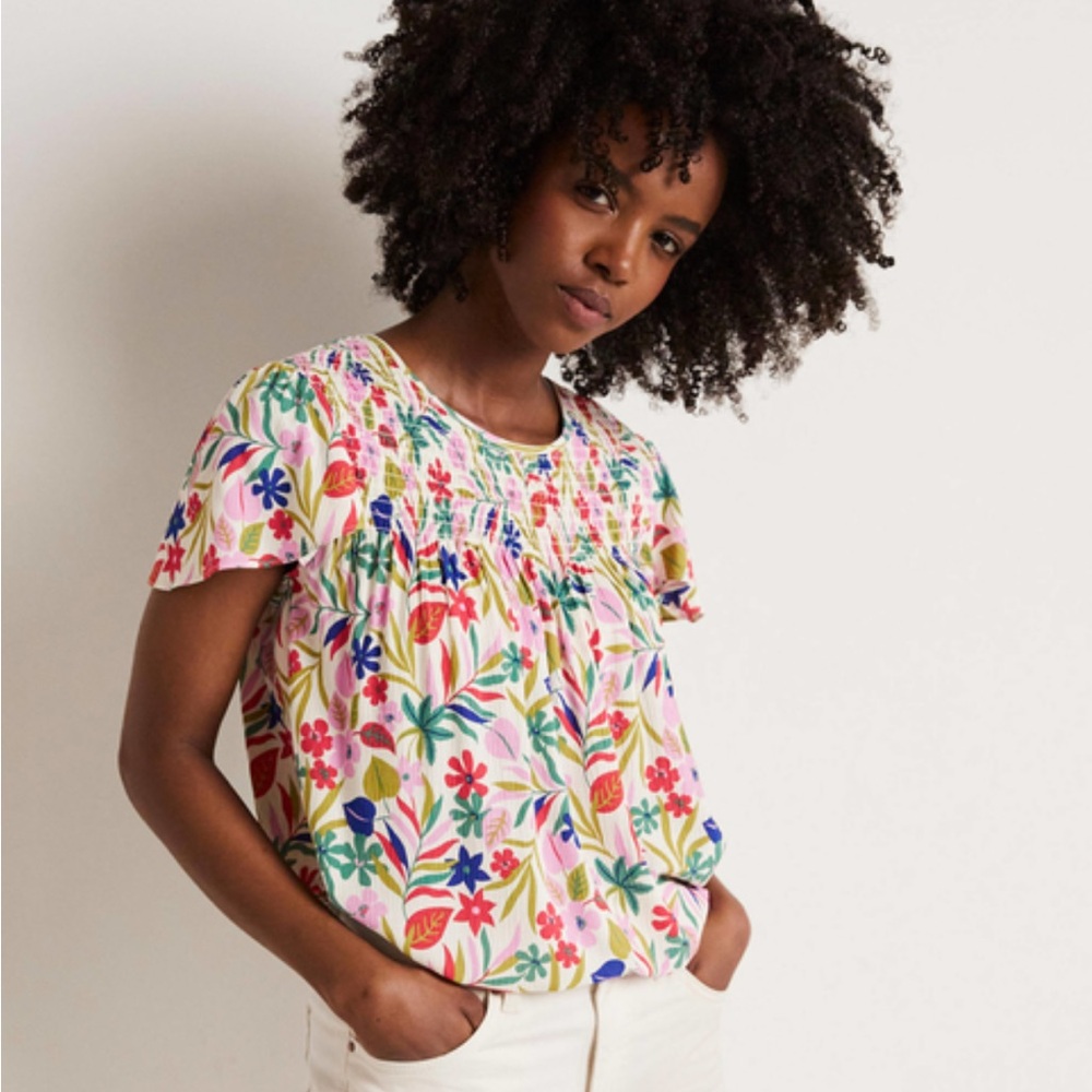 GORGEOUS WOMEN’S BODEN LAYLA FLORAL PRINTED SMOCKED BOHO BLOUSE TOP - EUC